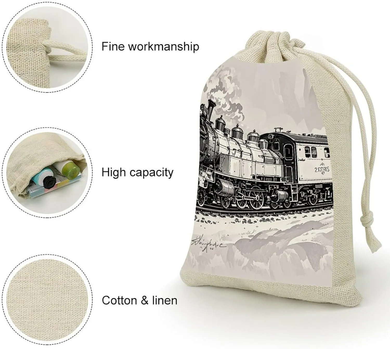 RTFGHJS 8 Pieces Drawstring Bags Country Railway Train Burlap Pouch Bag Linen Gift Pocket Jewelry Pouch for DIY Craft Party