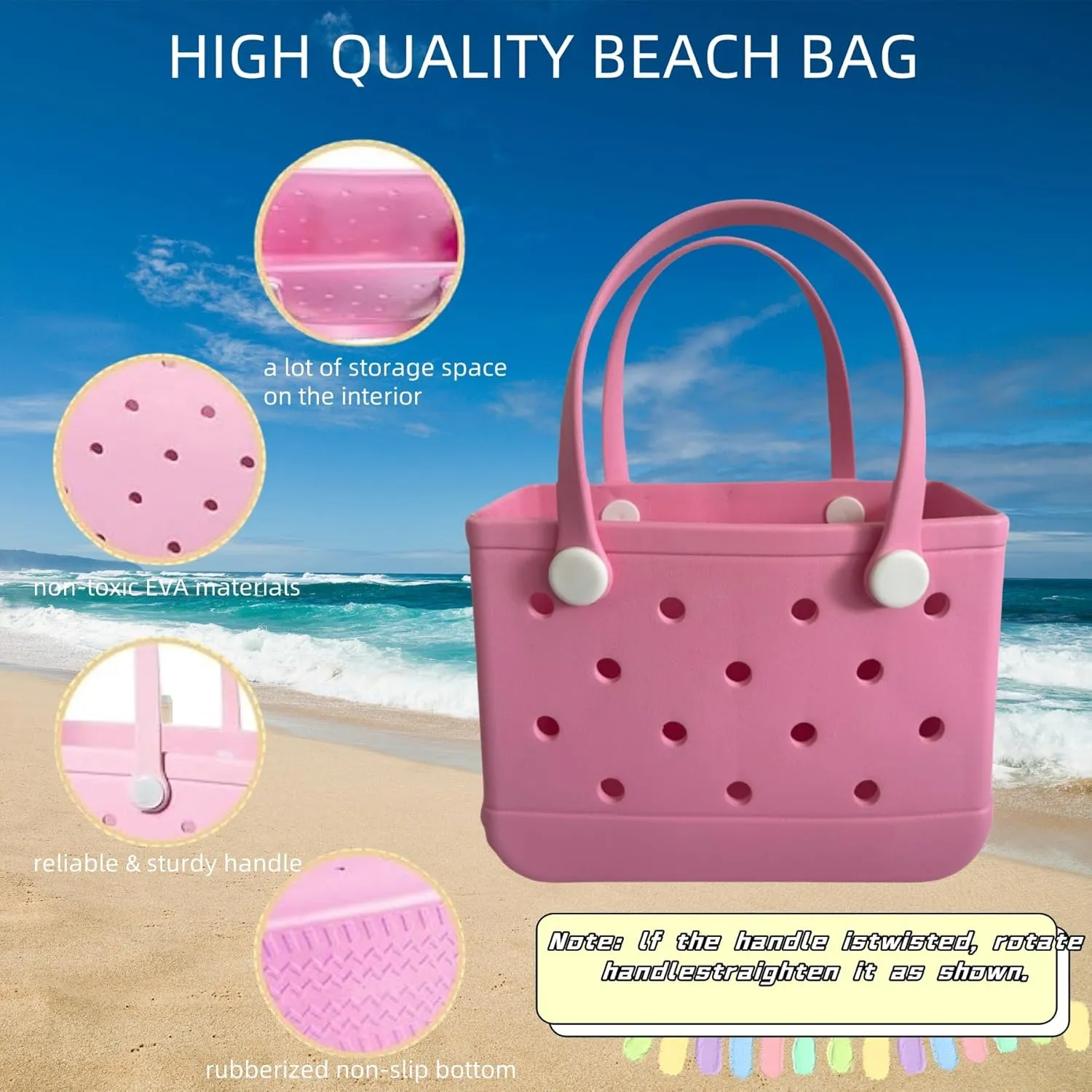 Rubber Beach Bag - Small Tote Bag - 11in L x 4in W x 8in H - Lightweight, Washable, Durable - All Purpose EVA Beach Tote
