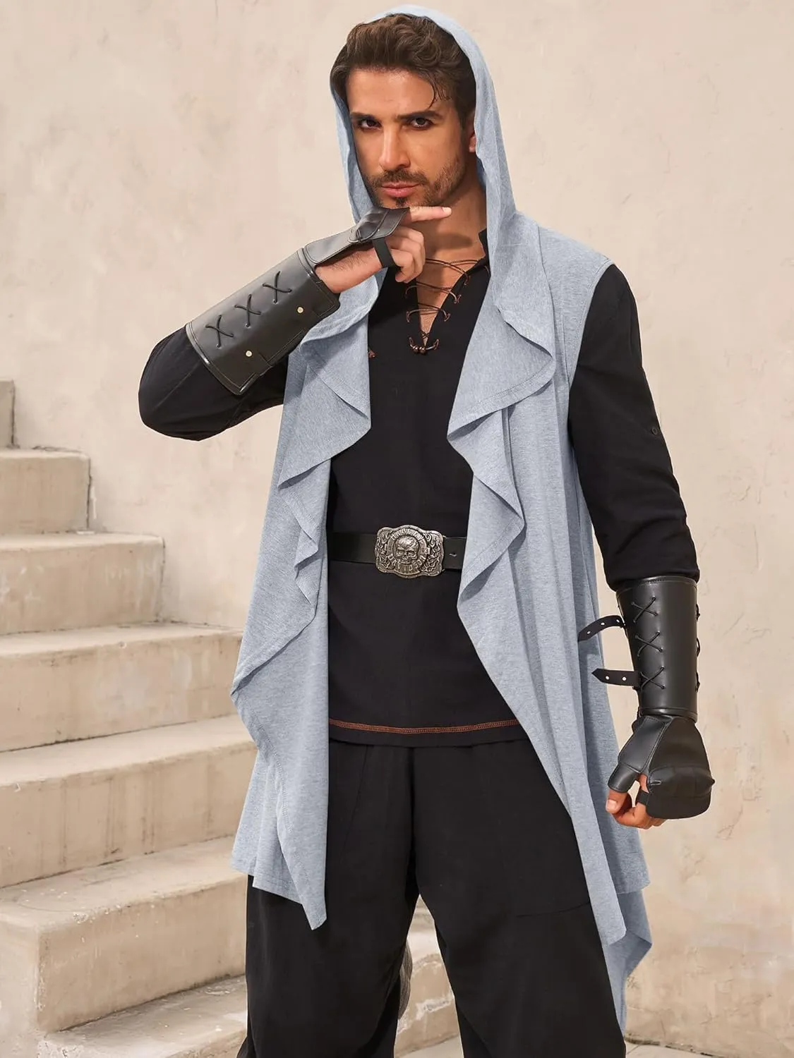 Runcati Mens Hooded Cardigan Sleeveless Ruffle Shawl Collar Open Front Knit Drape Robe
