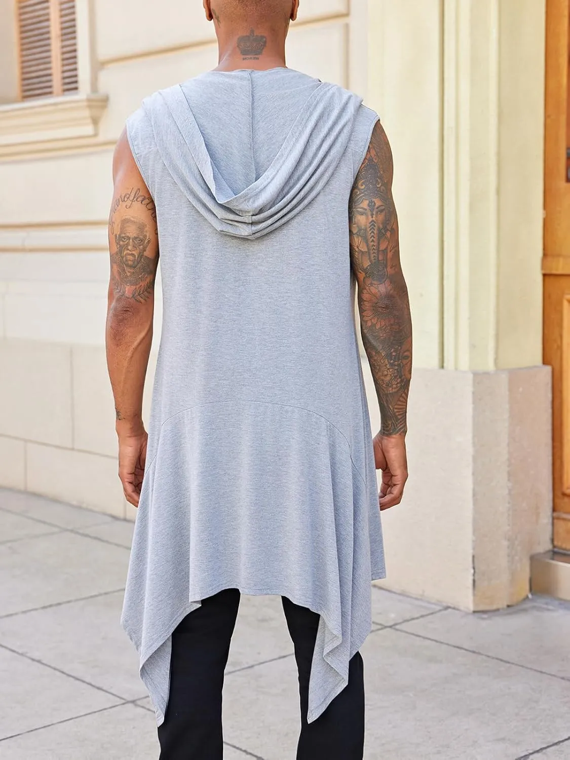Runcati Mens Hooded Cardigan Sleeveless Ruffle Shawl Collar Open Front Knit Drape Robe