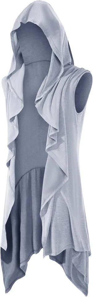 Runcati Mens Hooded Cardigan Sleeveless Ruffle Shawl Collar Open Front Knit Drape Robe