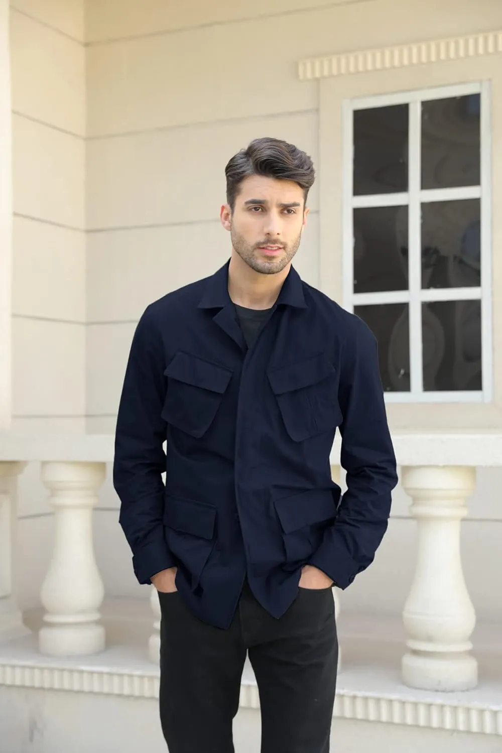Runcati Mens Lightweight Safari Jacket Button Up Cotton Outdoor Military Cargo Long Sleeve Outwear