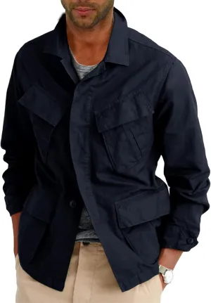 Runcati Mens Lightweight Safari Jacket Button Up Cotton Outdoor Military Cargo Long Sleeve Outwear