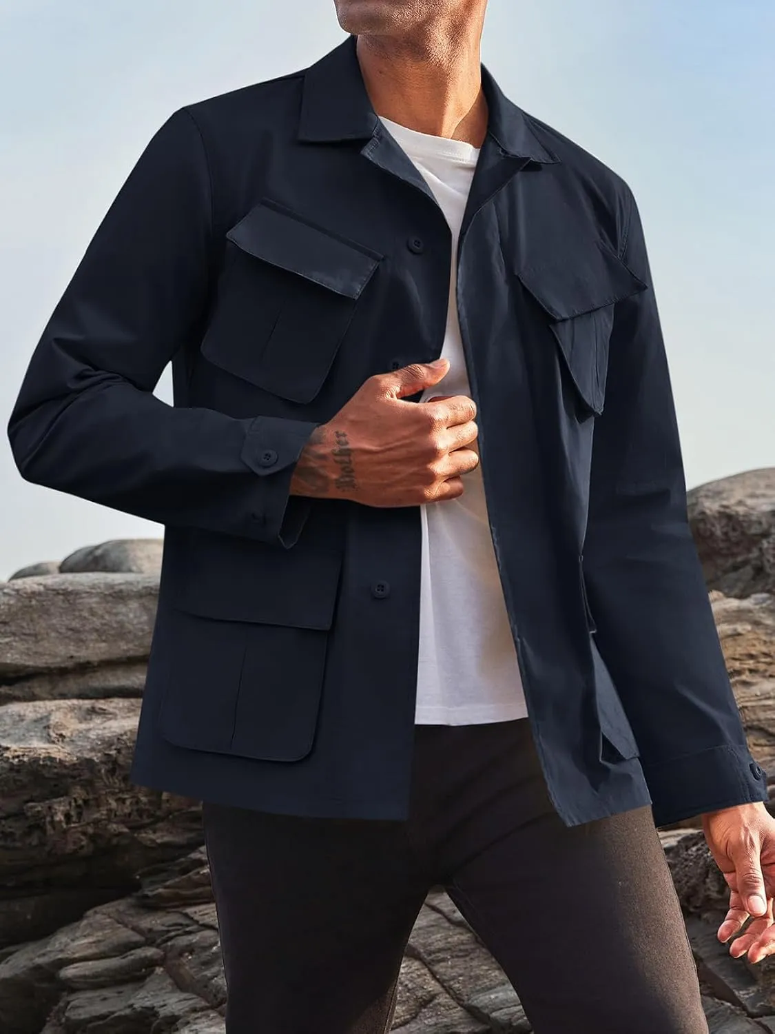 Runcati Mens Lightweight Safari Jacket Button Up Cotton Outdoor Military Cargo Long Sleeve Outwear