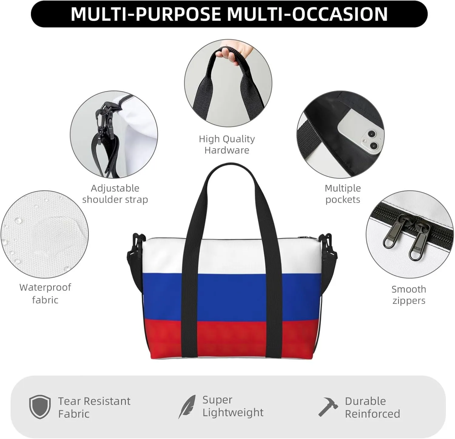 Russian Flag Travel Duffel Bag Carry On Tote Bags For Men,Weekender Overnight Bag,Sports Tote Gym Bag