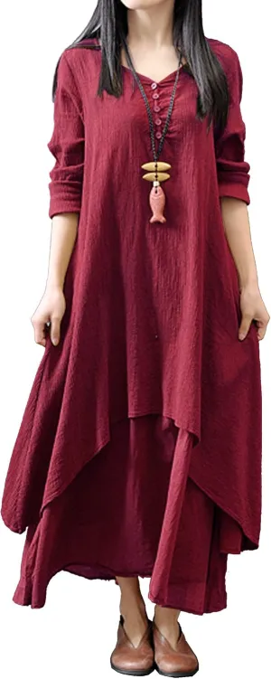 R.Vivimos Women Long Sleeve Cotton Casual Loose Plus Size Irregular Long Dresses