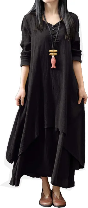 R.Vivimos Women Long Sleeve Cotton Casual Loose Plus Size Irregular Long Dresses