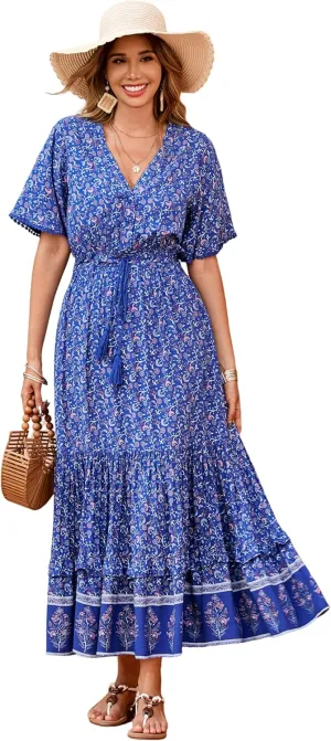 R.Vivimos Womens Summer Cotton Short Sleeve V Neck Floral Print Casual Bohemian Midi Dresses