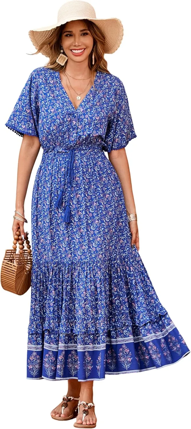 R.Vivimos Womens Summer Cotton Short Sleeve V Neck Floral Print Casual Bohemian Midi Dresses