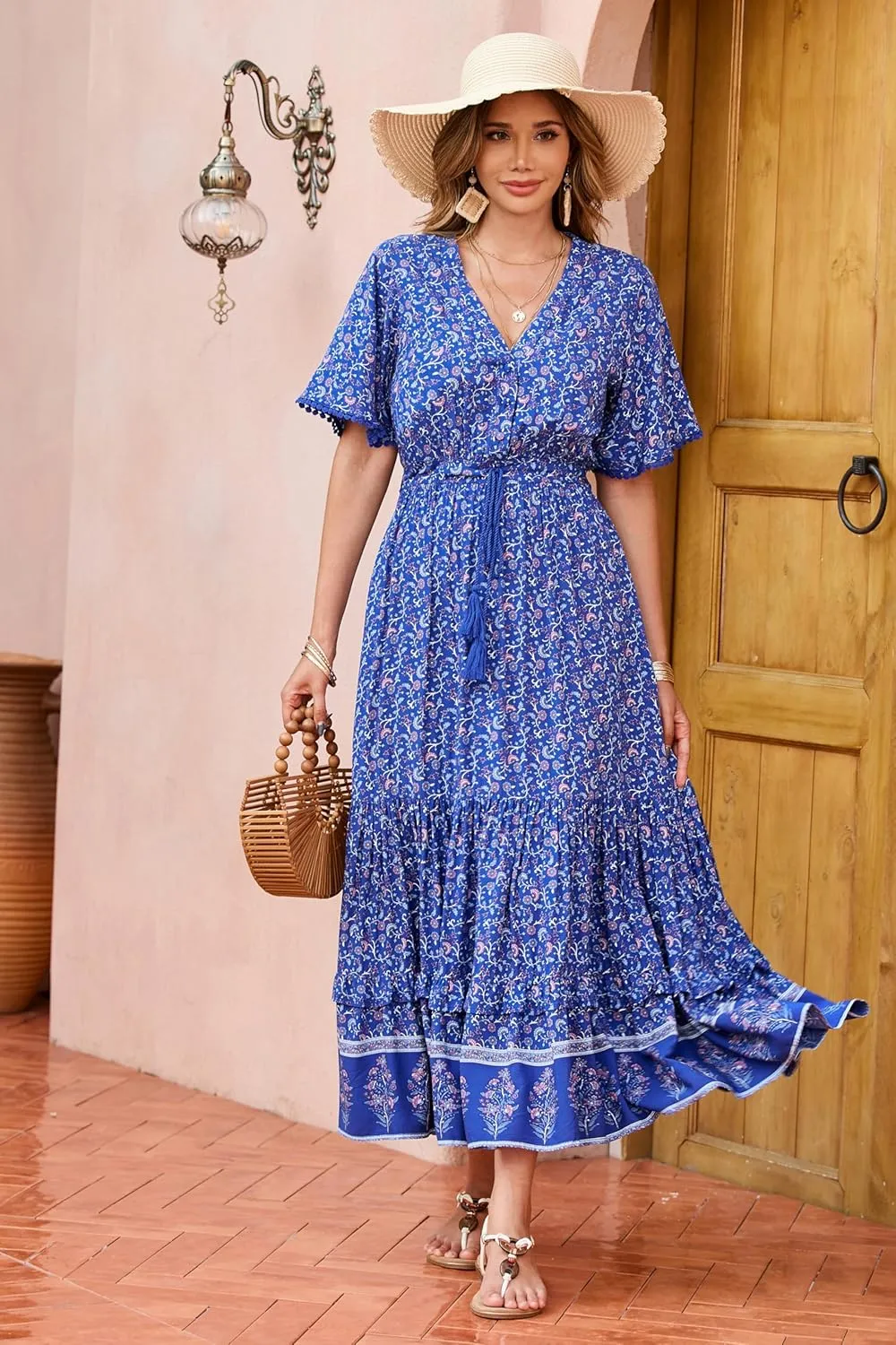 R.Vivimos Womens Summer Cotton Short Sleeve V Neck Floral Print Casual Bohemian Midi Dresses