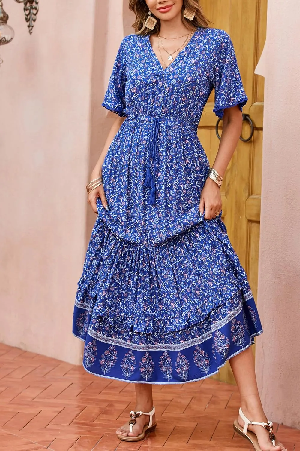 R.Vivimos Womens Summer Cotton Short Sleeve V Neck Floral Print Casual Bohemian Midi Dresses