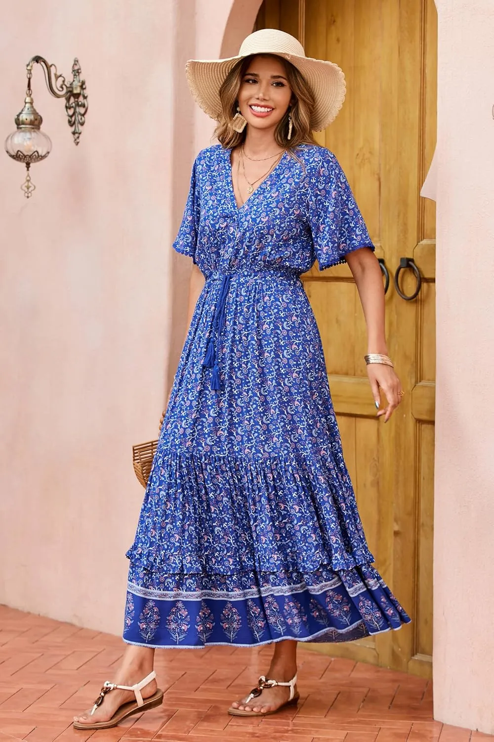 R.Vivimos Womens Summer Cotton Short Sleeve V Neck Floral Print Casual Bohemian Midi Dresses
