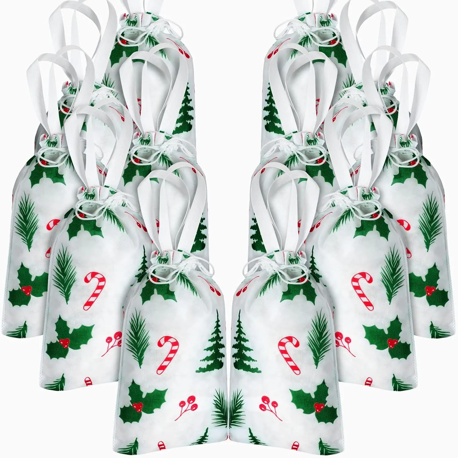 Sadnyy 12 Pcs Christmas Drawstring Gift Bag - Fabric Reusable Wrap Bags, Holly Goody Candy Cloth Handle Bags for Xmas Holiday New Year Presents Party Favors, 12 x 18 Inch