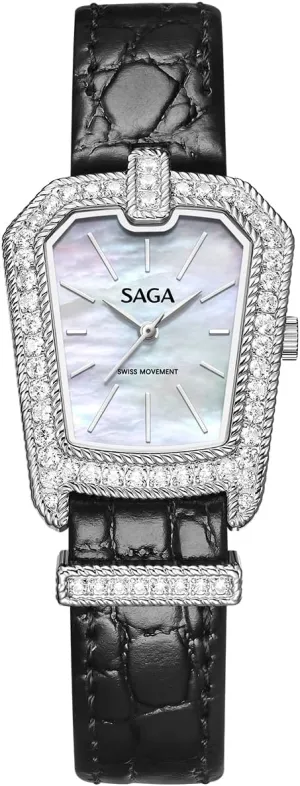 SAGA Downtown Ladies Quartz Watch - Swiss Ronda Quartz, 316L Stainless Steel, MOP Dial, Genuine Calf Leather Strap, Zircon Accents, 3ATM Splash Resistant