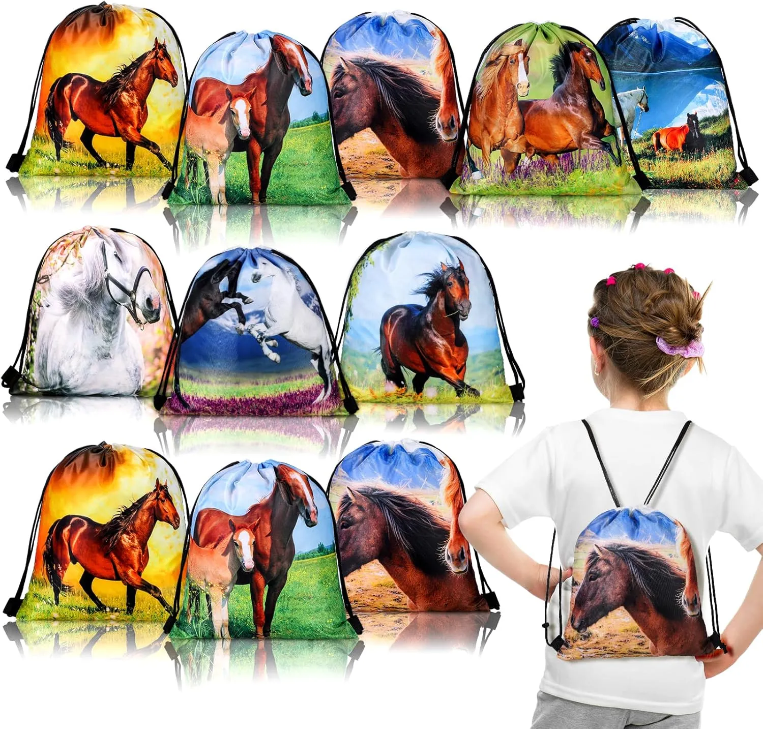 Saintrygo 16 Pcs Horse Themed Party Supplies Horse Birthday Favor Bags Drawstring Goodie Candy Bags