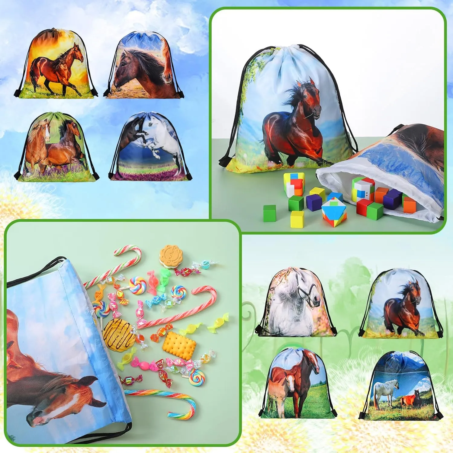 Saintrygo 16 Pcs Horse Themed Party Supplies Horse Birthday Favor Bags Drawstring Goodie Candy Bags