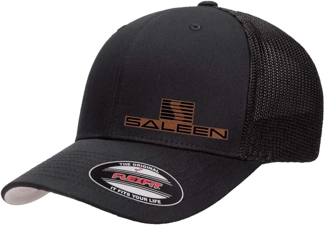 Saleen Performance Automotive Side Logo Laser Engraved Leather Patch Flexfit 6511 Trucker Mesh Fitted Cap