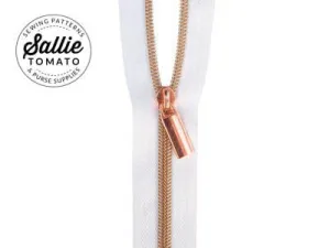 Sallie Tomato Zipper - 3 Yds with 9 Pulls - White Tape/Rose Gold