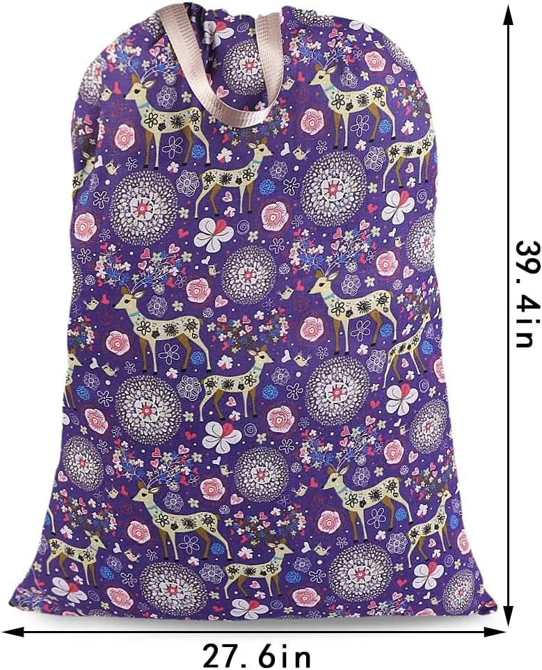 Sanlykate Extra Large Laundry Bag with Drawstring Closure and Handle, 28 x 40 Inch Heavy Duty Travel Dirty Clothes Bag for Laundromat and Household, Purple Deer