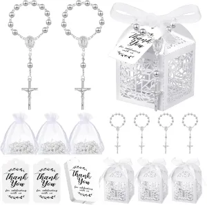 Sasylvia 100 Pcs Baptism Favors Set Includes 25 Pcs Mini Rosary 25 Pcs Laser Cut Baptism Favor Boxes 25 Pcs White Organza Bags and 25 Pcs Thank You Tags for Baby Shower Wedding Party Baptism Supplies