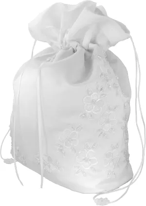 Satin Wedding Bridal Money Bag, X-Large in White, with Pearl-Embellished Floral Lace for Envelopes, Cards or as Bridal Purse