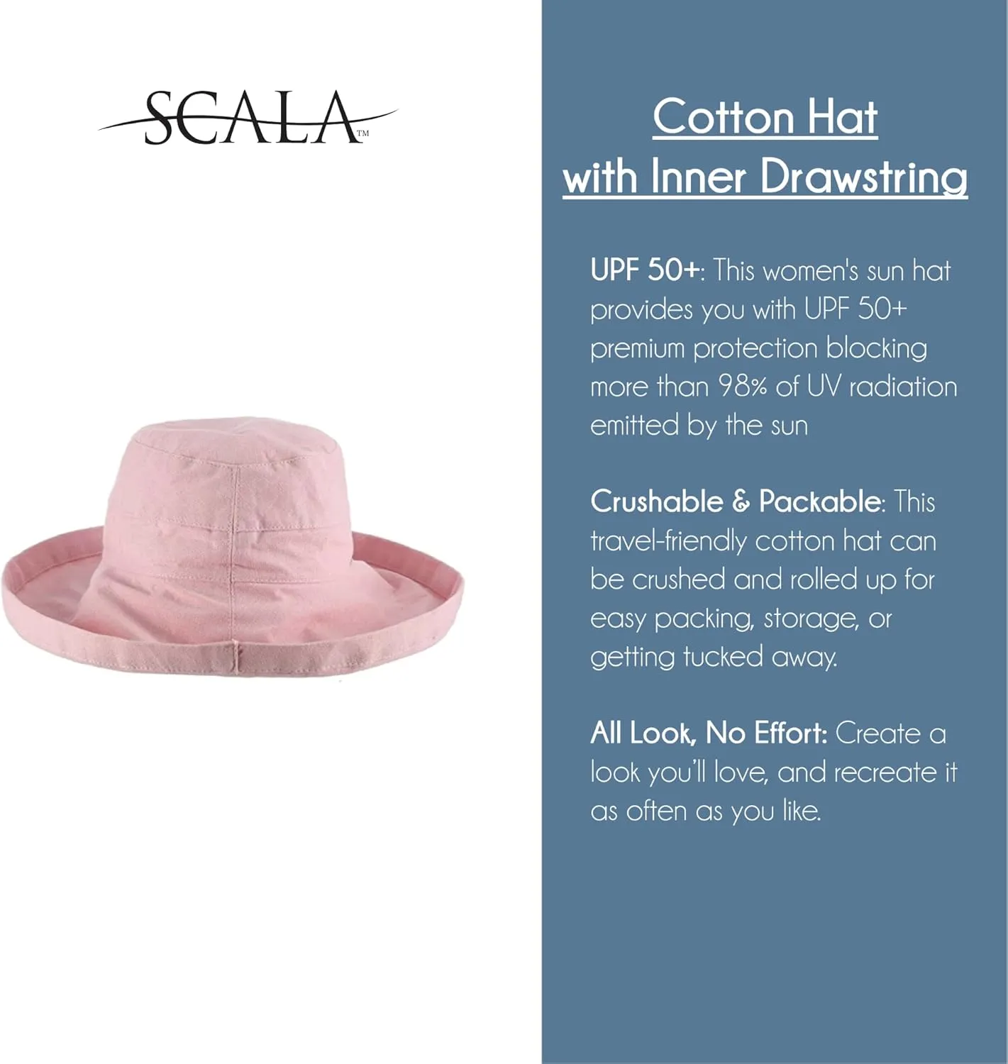 Scala Women's Cotton Hat with Inner Drawstring and Upf 50  Rating