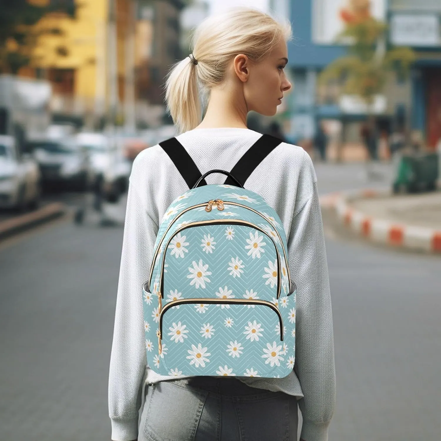 Senya Fashion Mini Backpack Purse - Cute White Daisy for Travel, College, Work