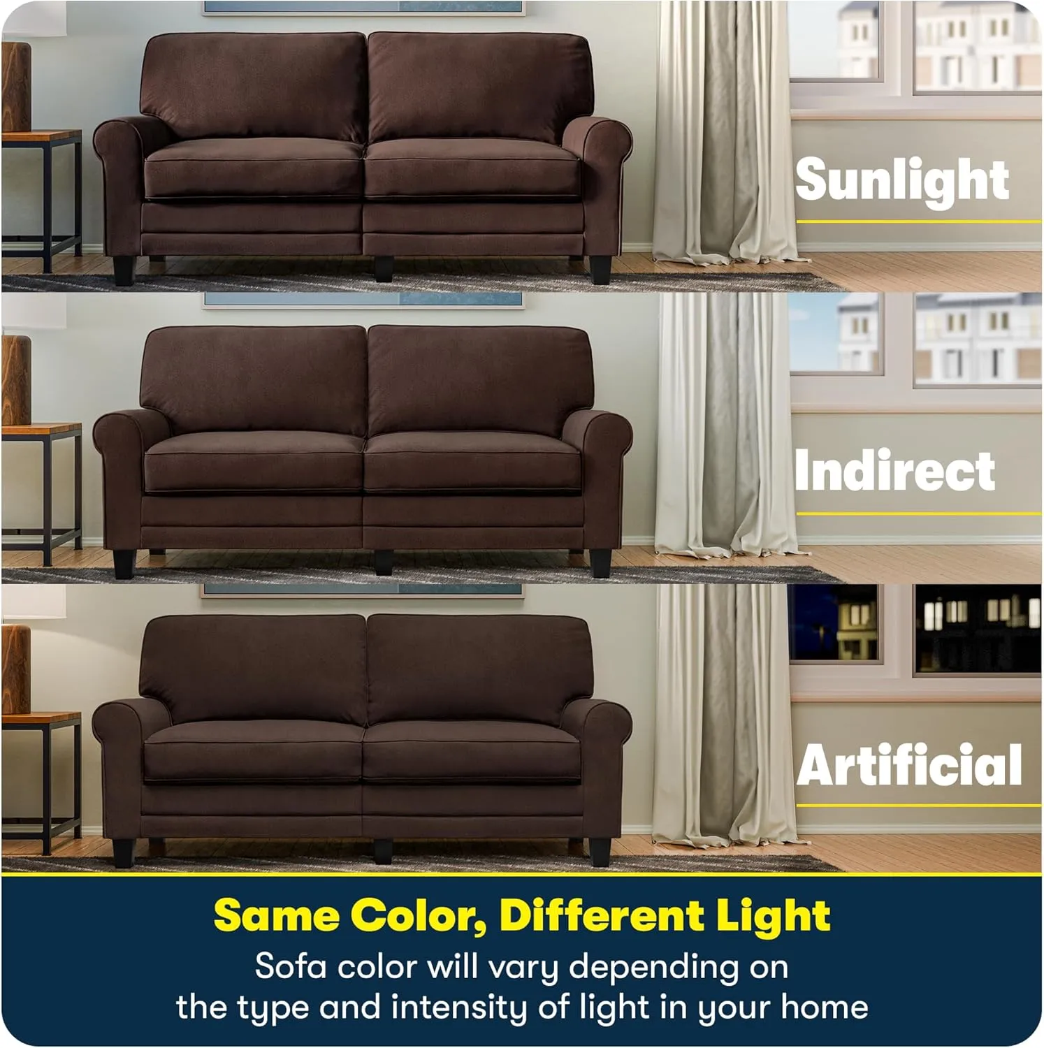 Serta Copenhagen Rolled Arm Sofa, Easy Care Polyester, Soft Pillow Back, Pocket Coil Seat Cushions, Removable Covers, Couch for Small Spaces, Living Rooms or Bedrooms, 61" Loveseat, Brown