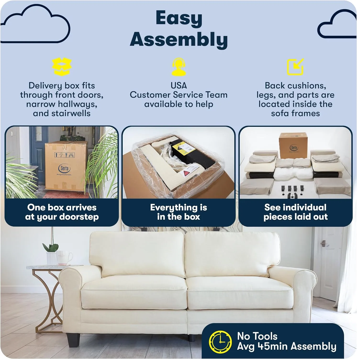 Serta Copenhagen Rolled Arm Sofa, Easy Care Polyester, Soft Pillow Back, Pocket Coil Seat Cushions, Removable Covers, Couch for Small Spaces, Living Rooms or Bedrooms, 61" Loveseat, Brown
