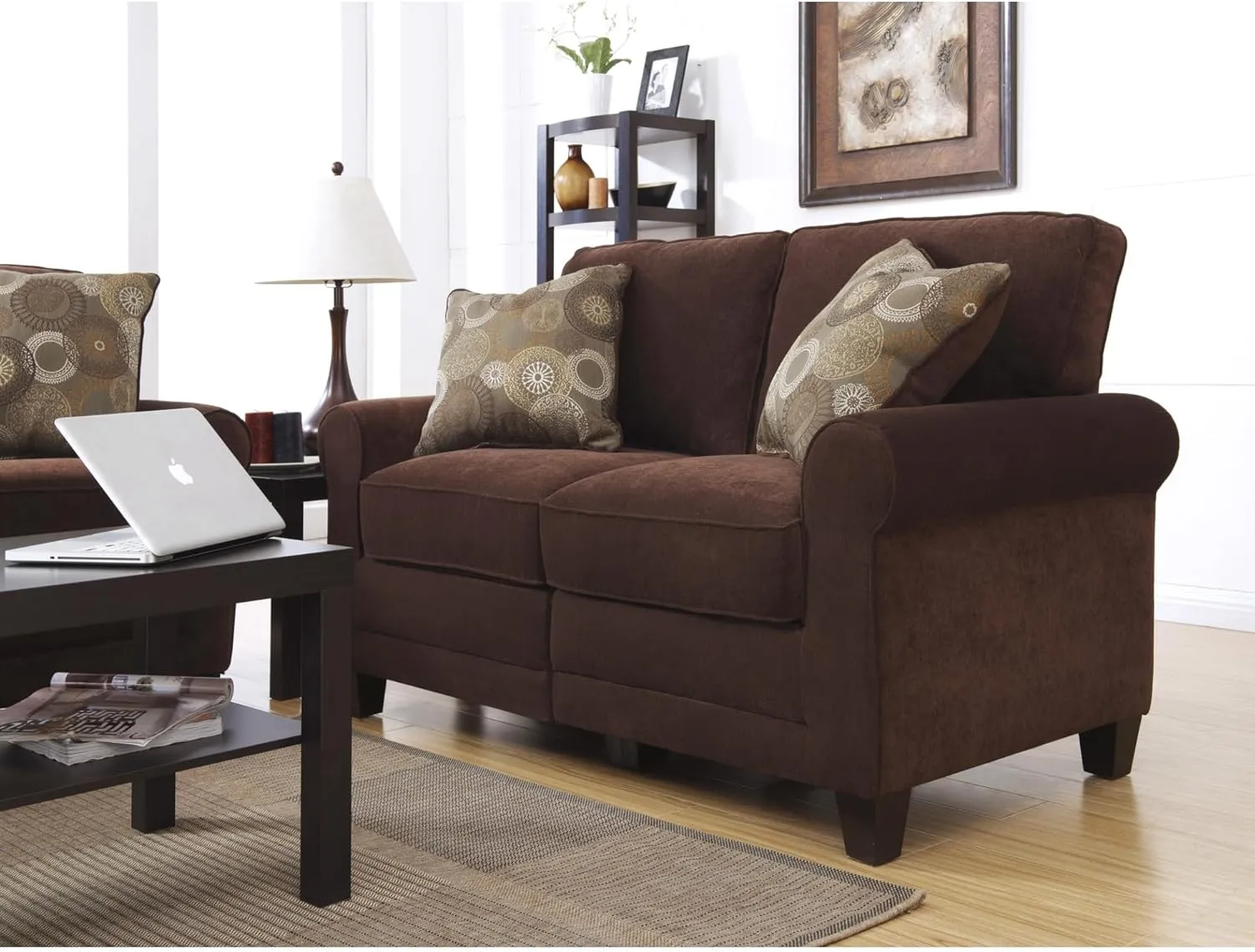 Serta Copenhagen Rolled Arm Sofa, Easy Care Polyester, Soft Pillow Back, Pocket Coil Seat Cushions, Removable Covers, Couch for Small Spaces, Living Rooms or Bedrooms, 61" Loveseat, Brown