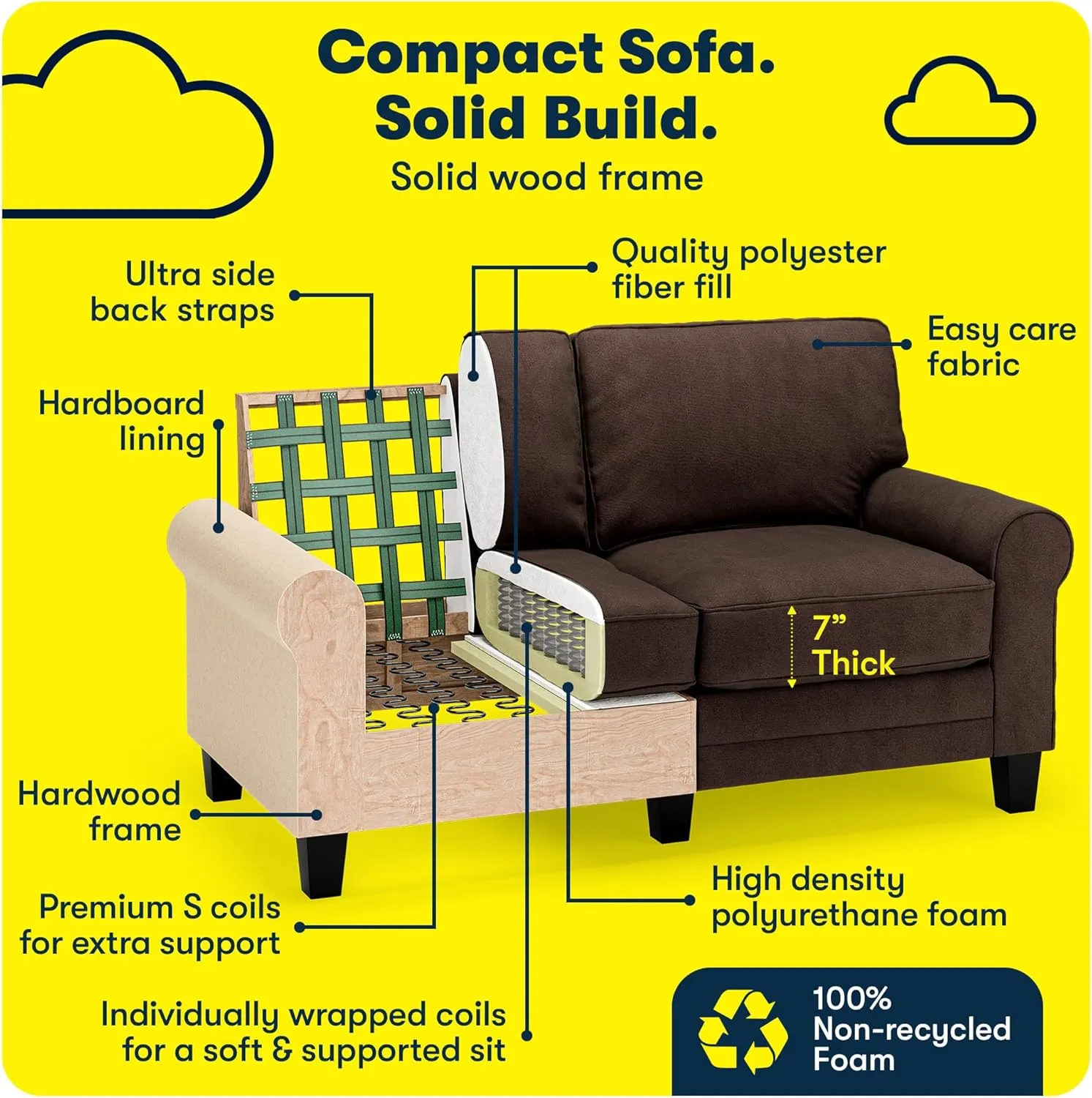 Serta Copenhagen Rolled Arm Sofa, Easy Care Polyester, Soft Pillow Back, Pocket Coil Seat Cushions, Removable Covers, Couch for Small Spaces, Living Rooms or Bedrooms, 61" Loveseat, Brown