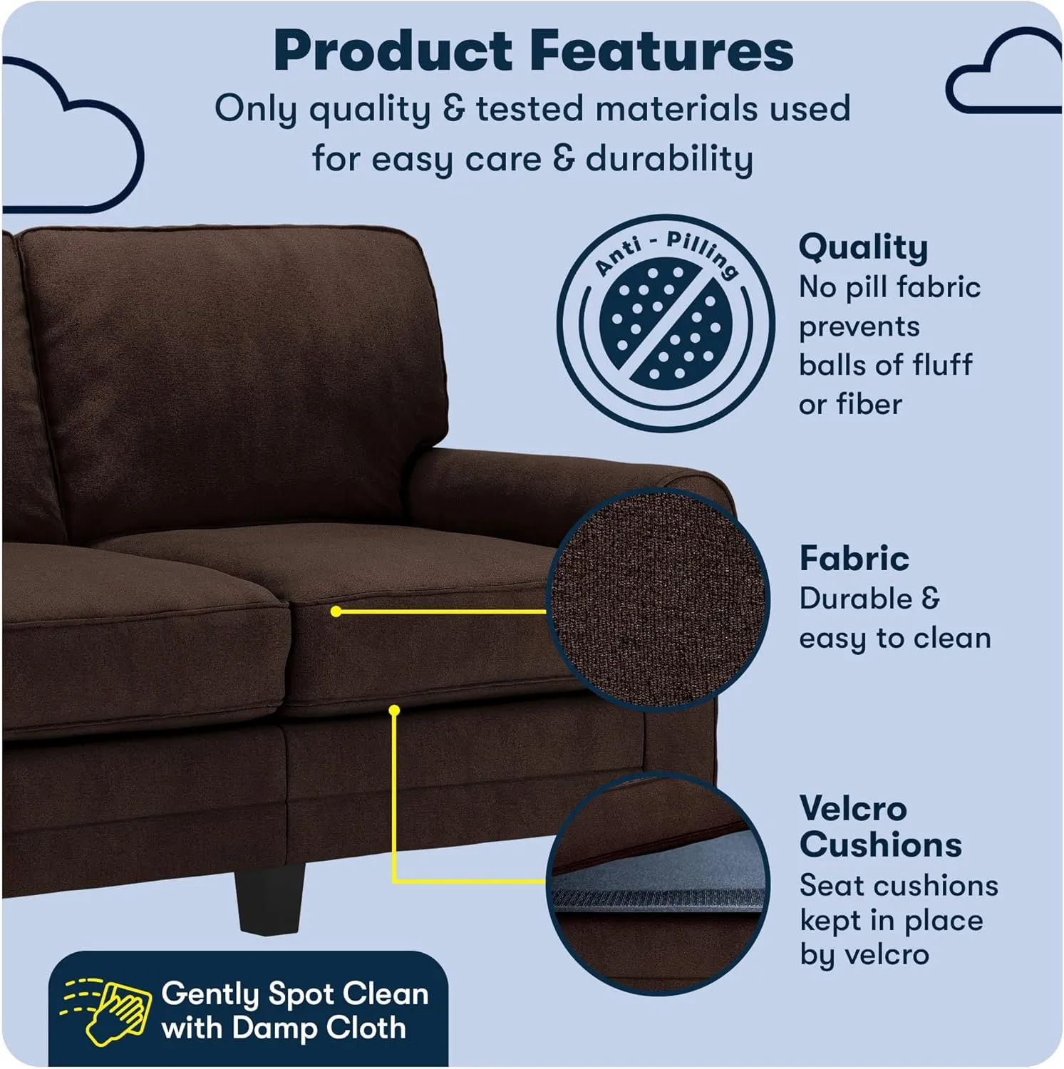 Serta Copenhagen Rolled Arm Sofa, Easy Care Polyester, Soft Pillow Back, Pocket Coil Seat Cushions, Removable Covers, Couch for Small Spaces, Living Rooms or Bedrooms, 61" Loveseat, Brown