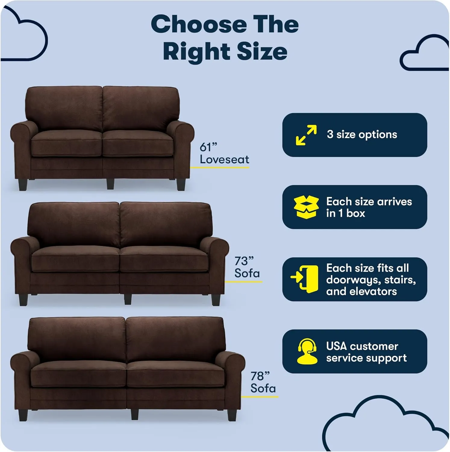 Serta Copenhagen Rolled Arm Sofa, Easy Care Polyester, Soft Pillow Back, Pocket Coil Seat Cushions, Removable Covers, Couch for Small Spaces, Living Rooms or Bedrooms, 61" Loveseat, Brown