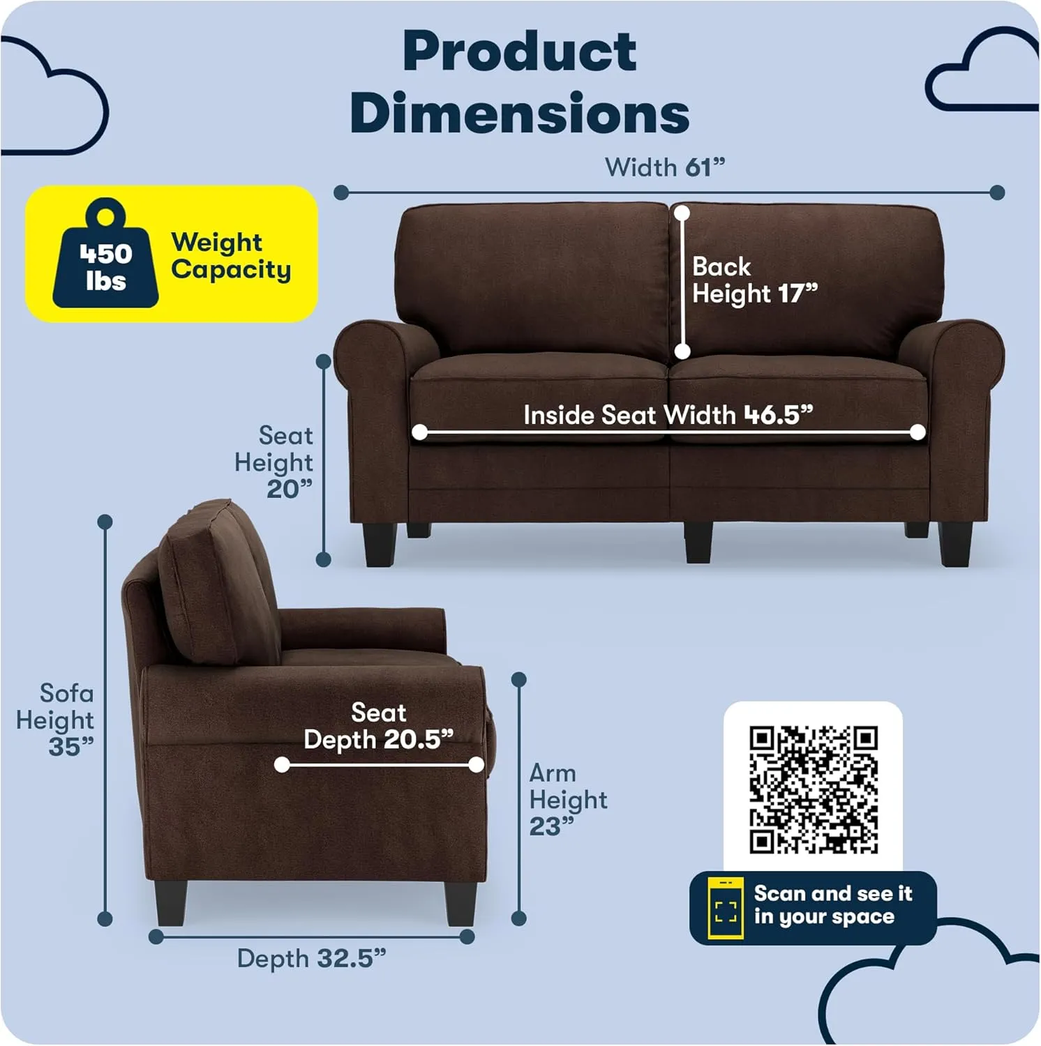 Serta Copenhagen Rolled Arm Sofa, Easy Care Polyester, Soft Pillow Back, Pocket Coil Seat Cushions, Removable Covers, Couch for Small Spaces, Living Rooms or Bedrooms, 61" Loveseat, Brown