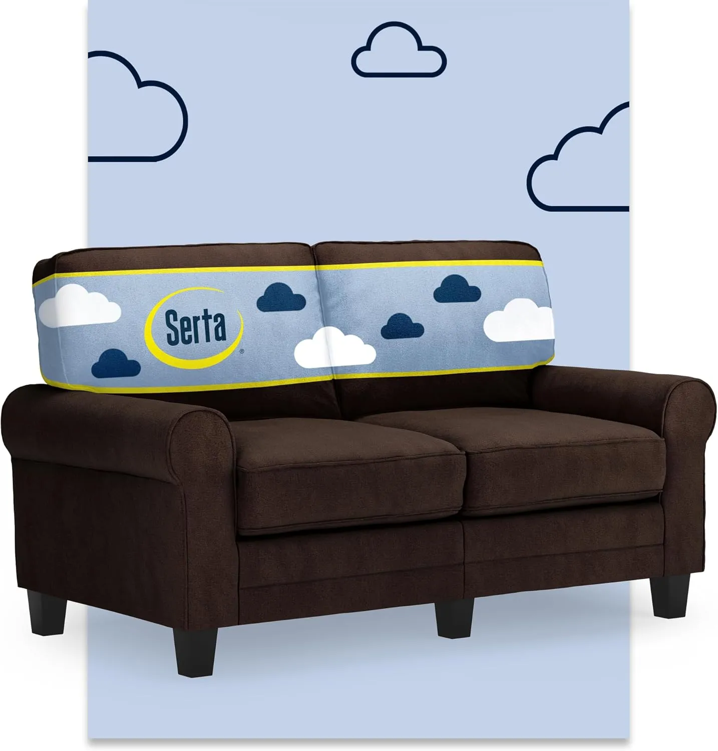 Serta Copenhagen Rolled Arm Sofa, Easy Care Polyester, Soft Pillow Back, Pocket Coil Seat Cushions, Removable Covers, Couch for Small Spaces, Living Rooms or Bedrooms, 61" Loveseat, Brown