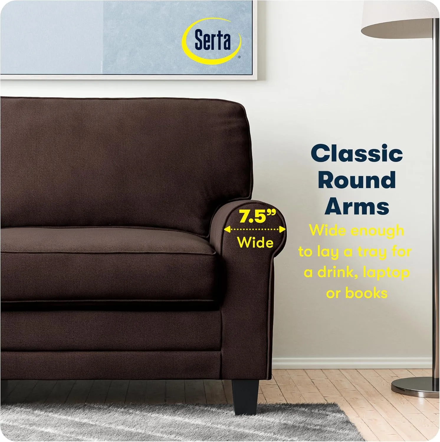 Serta Copenhagen Rolled Arm Sofa, Easy Care Polyester, Soft Pillow Back, Pocket Coil Seat Cushions, Removable Covers, Couch for Small Spaces, Living Rooms or Bedrooms, 61" Loveseat, Brown