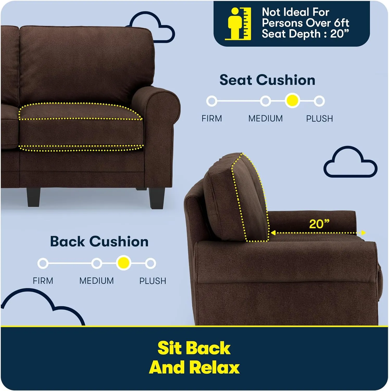 Serta Copenhagen Rolled Arm Sofa, Easy Care Polyester, Soft Pillow Back, Pocket Coil Seat Cushions, Removable Covers, Couch for Small Spaces, Living Rooms or Bedrooms, 61" Loveseat, Brown