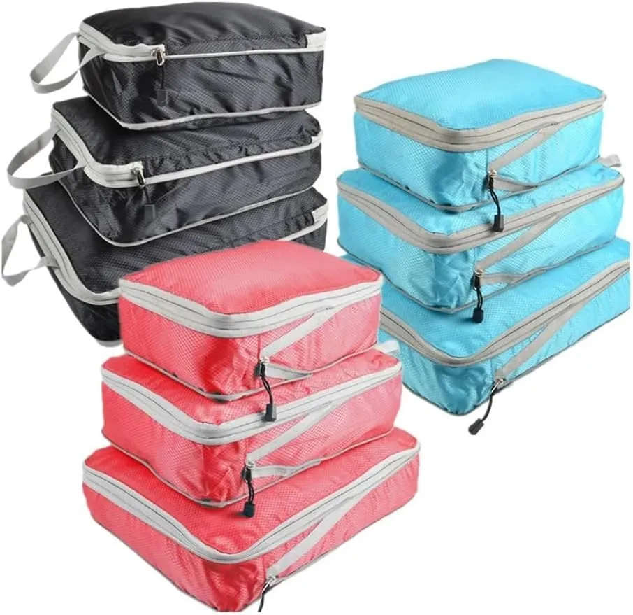 Set/3 Pieces Compressible Packing Travel Storage Bag Cubes Waterproof Suitcase Nylon Portable With Handbag Luggage Organizer(SNX-3SET- blue)