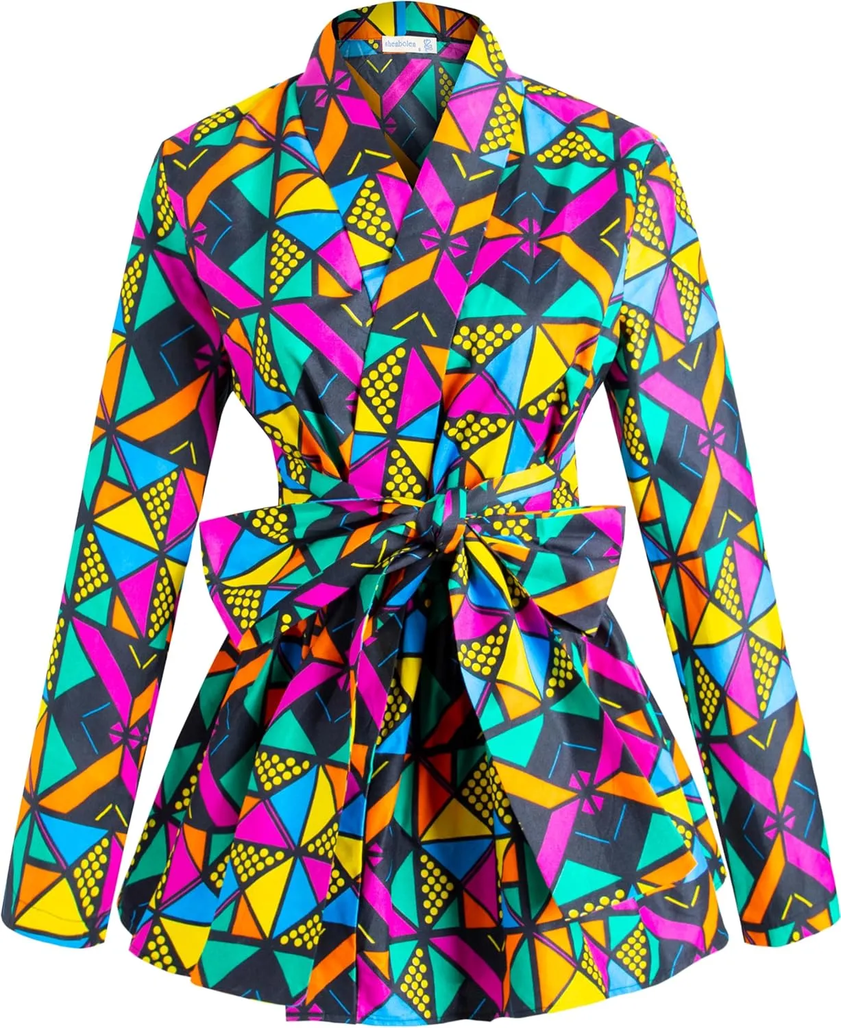 SHENBOLEN Women African Traditional Batik Print Long Sleeve Shirt Dashiki Casual Cotton Shirt