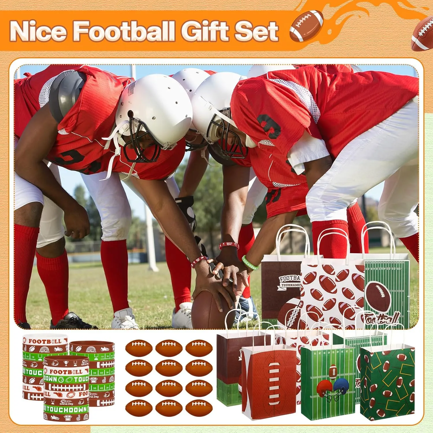 ShinyRelief 72 Pcs Football Party Favors Set Includes 24 Paper Gift Bags 24 Silicone Wristbands 24 Mini Sports Stress Balls Goodie Bag Fillers Gifts for Sports Themed Birthday Party Supplies