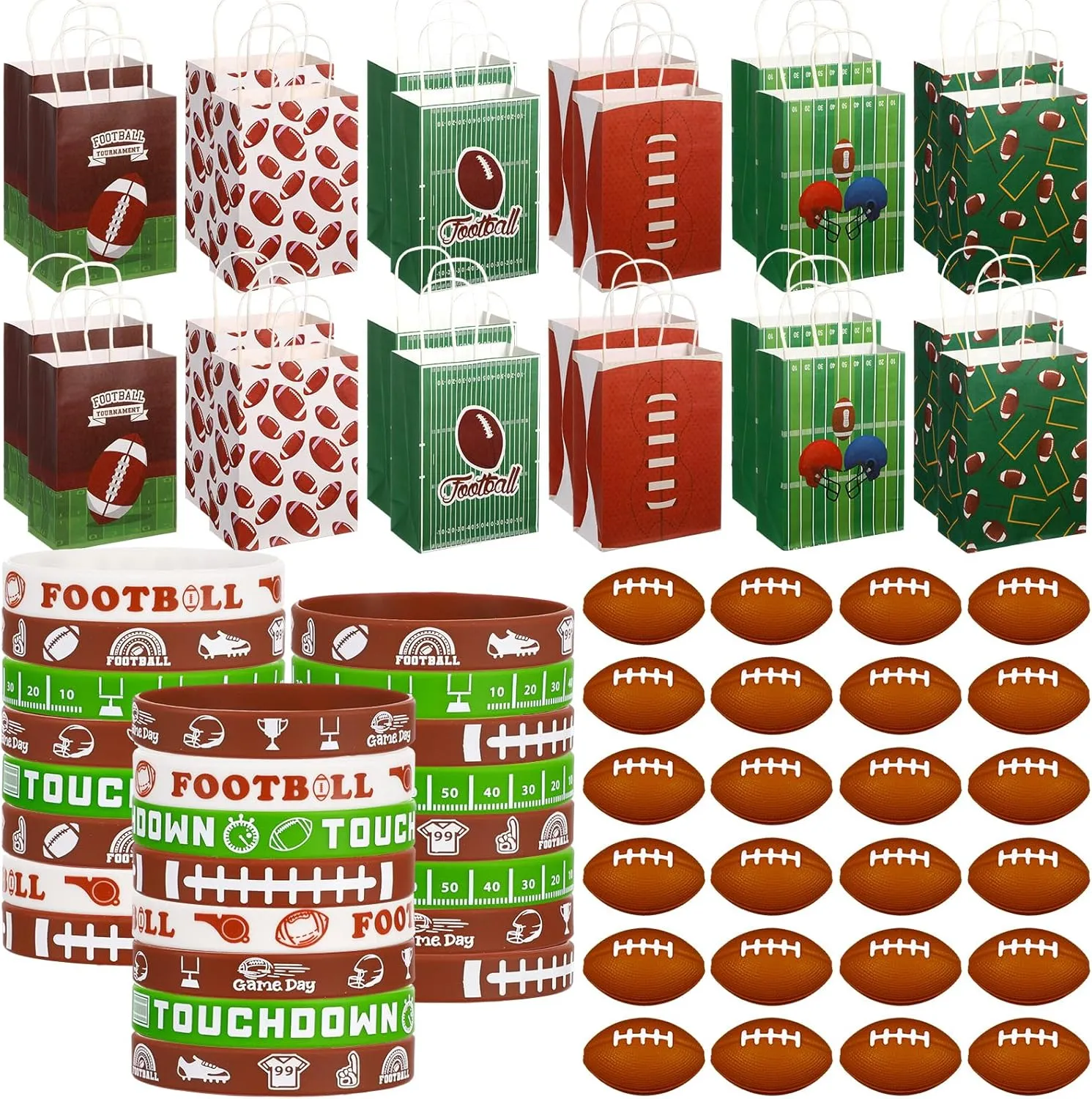 ShinyRelief 72 Pcs Football Party Favors Set Includes 24 Paper Gift Bags 24 Silicone Wristbands 24 Mini Sports Stress Balls Goodie Bag Fillers Gifts for Sports Themed Birthday Party Supplies