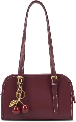 Shoulder Bag Red Purse for Women Leather Swing Bag Zip Handbag Burgundy Purse with Cherry Pendant