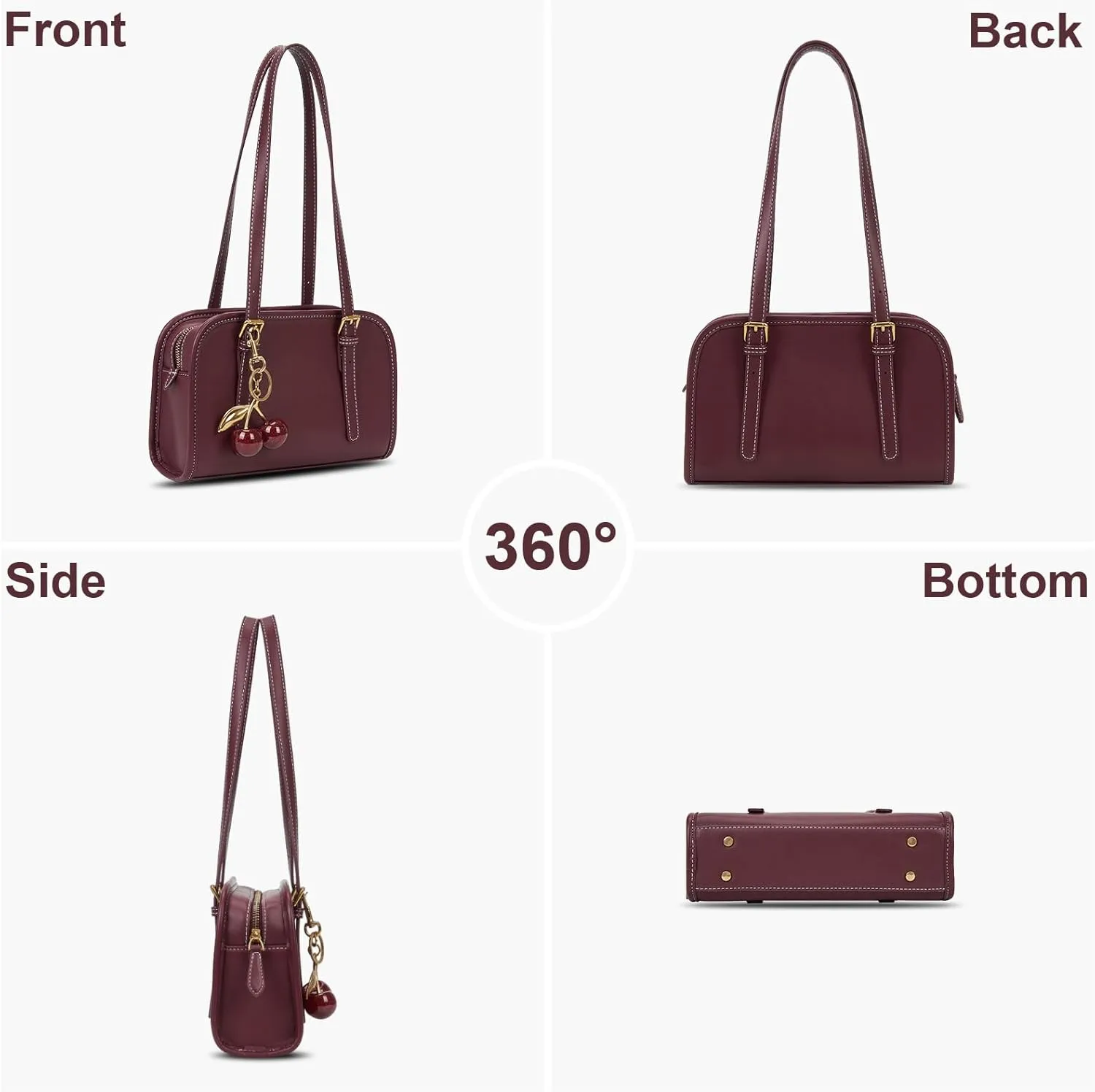 Shoulder Bag Red Purse for Women Leather Swing Bag Zip Handbag Burgundy Purse with Cherry Pendant