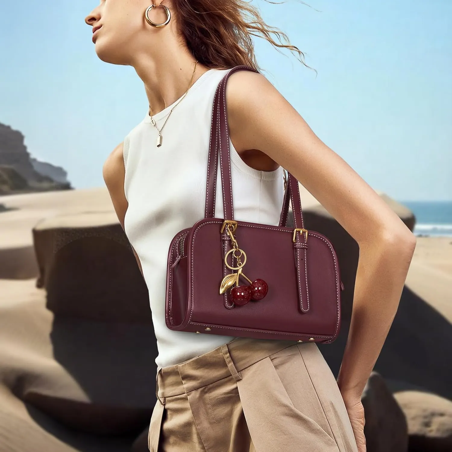 Shoulder Bag Red Purse for Women Leather Swing Bag Zip Handbag Burgundy Purse with Cherry Pendant