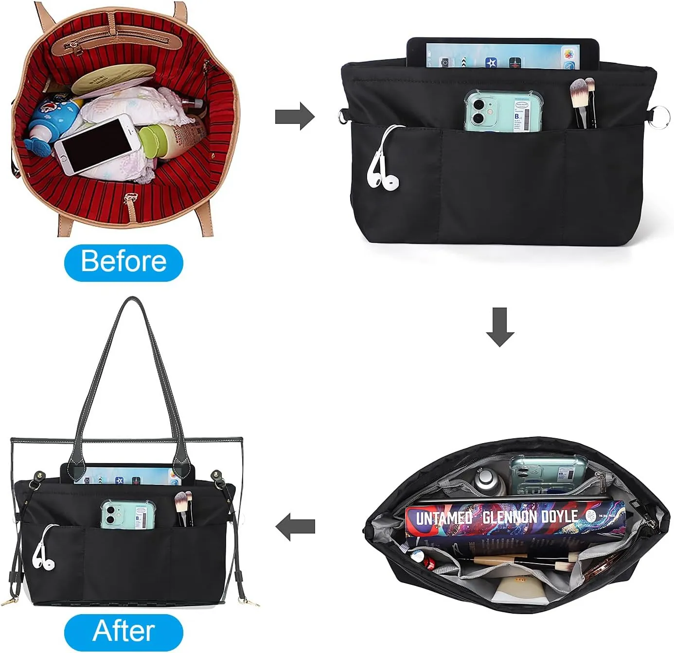 Sightor Nylon Handbag Organizer Insert - Purse Tote Shaper in Bag (Black, Large)