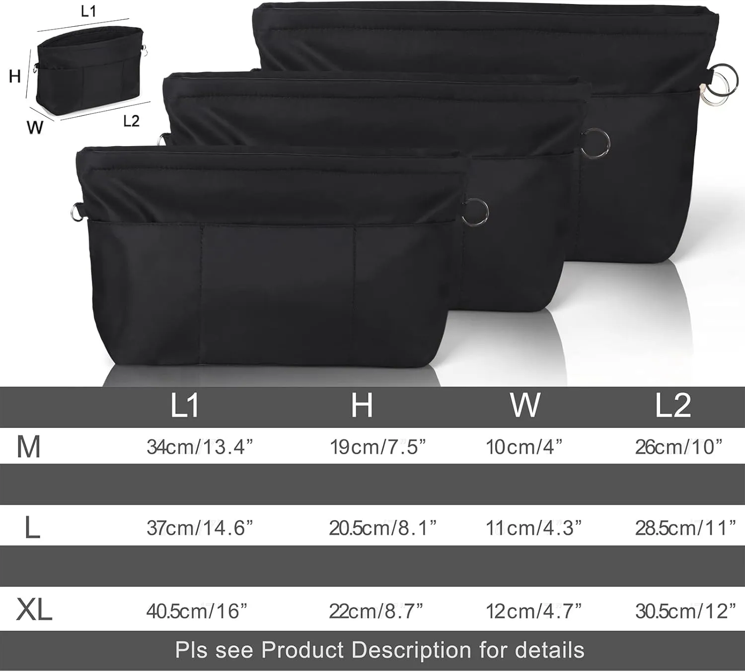 Sightor Nylon Handbag Organizer Insert - Purse Tote Shaper in Bag (Black, Large)