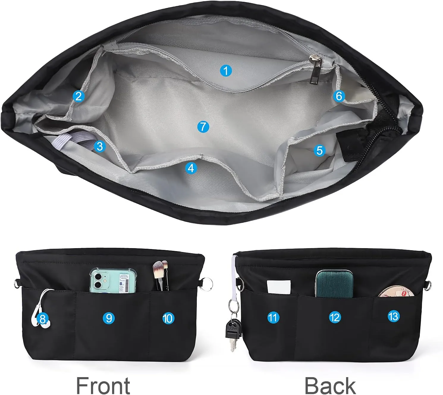 Sightor Nylon Handbag Organizer Insert - Purse Tote Shaper in Bag (Black, Large)