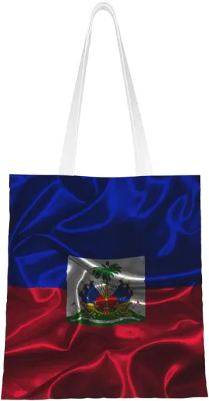 Silk Style Flag Of Haiti Tote Bag for Women Canvas Shopping Bags Reusable Large Capacity Casual Shoulder Handbags Grocery Bags DIY Gift Bags