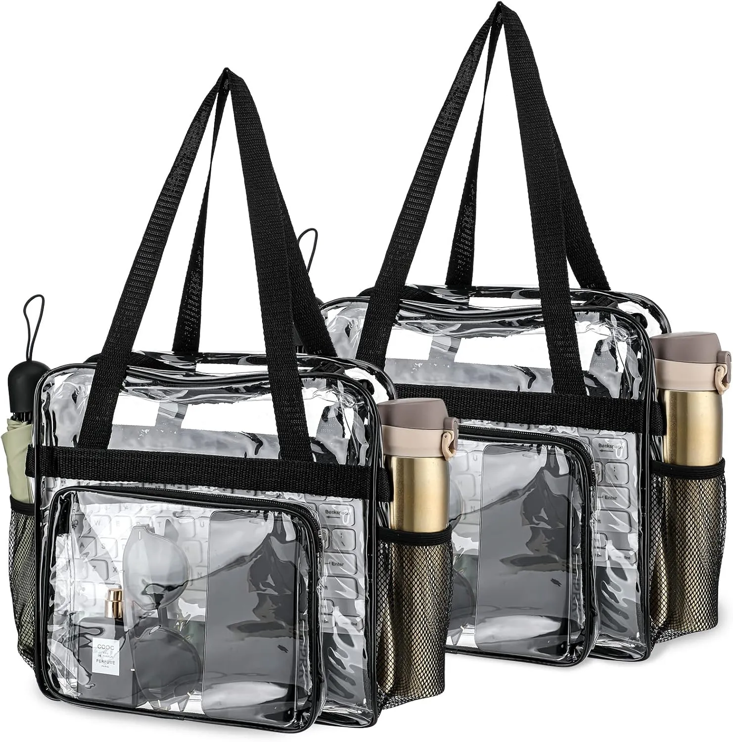 Silkfly 2 Pcs Clear Tote Bag Stadium Approved Transparent PVC Stadium Bag with Handles Shoulder Strap Zipper for Women