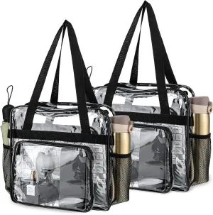 Silkfly 2 Pcs Clear Tote Bag Stadium Approved Transparent PVC Stadium Bag with Handles Shoulder Strap Zipper for Women